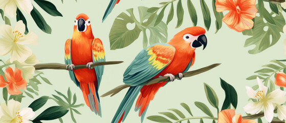 seamless background with a pattern tile of parrots and tropical flowers. For fabric backdrops for design