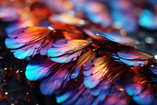 A microscopic view of a delicate butterfly wing, revealing intricate patterns and iridescence. Concept of entomology and insect anatomy. Generative Ai.