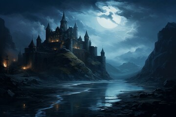 an old fortress illuminated by moonlight. Generative AI - obrazy, fototapety, plakaty