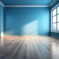 Empty room with blue wall and parquet floor, AI Generated