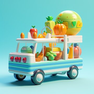 Food truck with fruits and vegetables 3d render on blue background, AI Generated