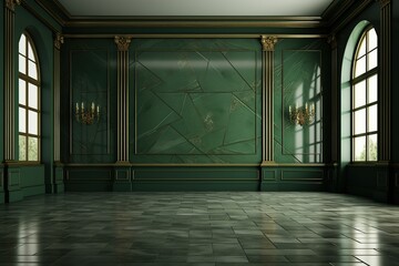 Interior of a classic room with green walls and floor, 3d render, Ai Generated
