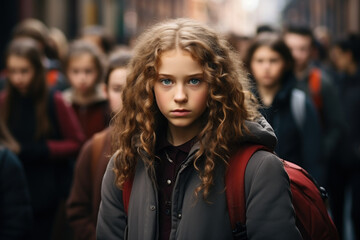 Obraz premium A schoolgirl with social anxiety, hesitating to join her peers during recess. Concept of social anxiety issues in children. Generative Ai.