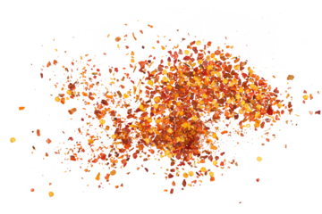 Spicy chili red pepper flakes, chopped, milled dry paprika pile isolated on white, top view
