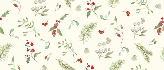 Materiał do szycia Watercolor seamless Christmas pattern with mistletoe, pine, holly. Hand drawn illustration isolated on pastel background. Vector EPS.
