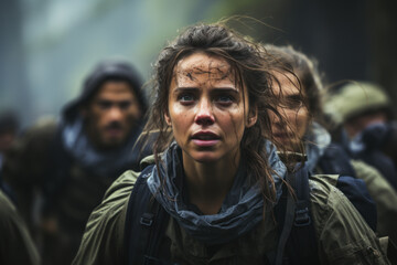 A group of hikers lost in a dense forest, showcasing the dangers of getting disoriented in the wilderness. Concept of wilderness survival. Generative Ai.