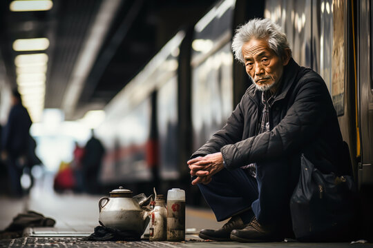 street life, elderly man sitting on the street with his belongings