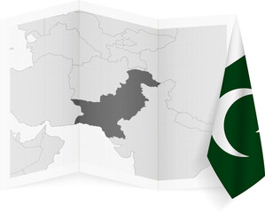 Pakistan grayscale map and hanging flag.