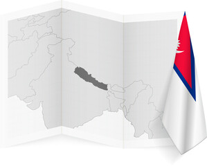 Nepal grayscale map and hanging flag.