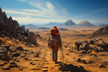 A hiker lost in a vast desert, symbolizing the life-threatening risks of dehydration and exposure. Concept of desert survival. Generative Ai. - obrazy, fototapety, plakaty