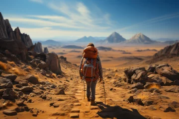 Deurstickers A hiker lost in a vast desert, symbolizing the life-threatening risks of dehydration and exposure. Concept of desert survival. Generative Ai. © Sebastian