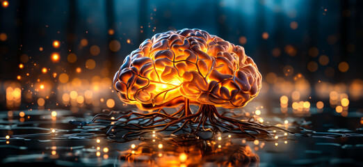 the human brain with burning lights on blurred background,