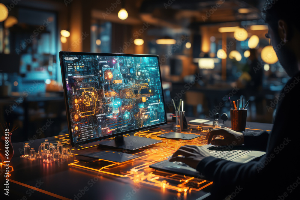 Poster a software engineer writing complex code, driving technological innovation. concept of software deve