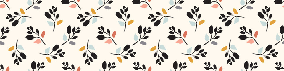 Midcentury modern floral vector endless vector border. Organic summer gender neutral 70s matisse banner. 