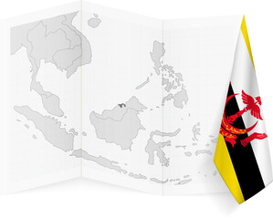 Brunei grayscale map and hanging flag.
