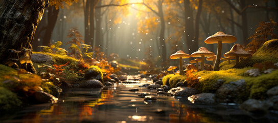 Autumn seasonal background, mushrooms growing on forest floor in wet moss and fallen leaves, beside a small river under rain drops and autumnal sun - Fall season magical ambience