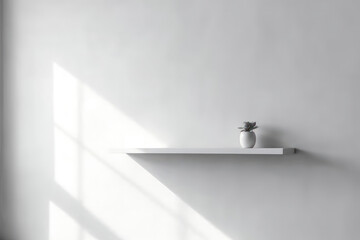 An empty white shelf in front of a white wall as a mockup for products.