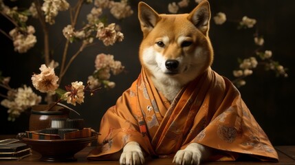 shiba inu dog wearing a kimono - obrazy, fototapety, plakaty