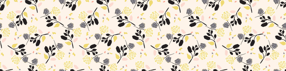 Midcentury modern floral vector endless vector border. Organic summer gender neutral 70s matisse banner. 
