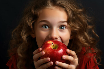 Little girl close up bites a red apple on a black background. Healthy food concept. - Powered by Adobe