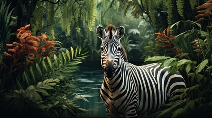  a zebra standing in the middle of a jungle filled with plants.  generative ai