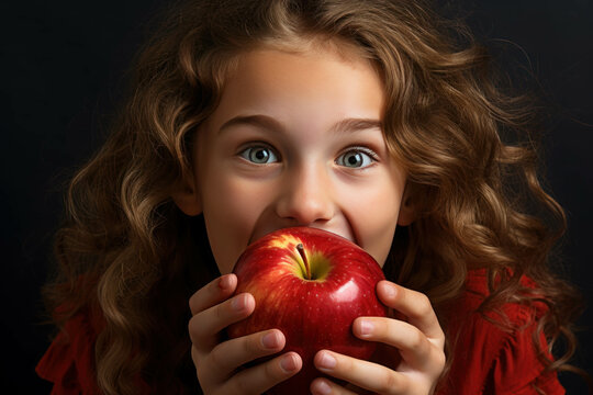 Little girl close up bites a red apple on a black background. Healthy food concept.