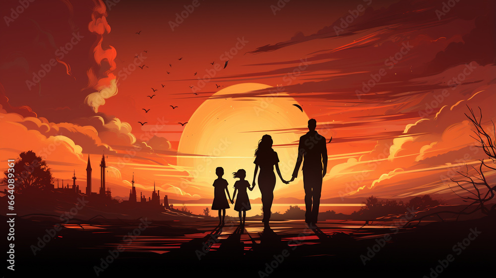 Wall mural halloween background with silhouettes of people and pumpkins