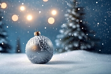 Christmas decoration on snow with fir tree and bokeh background.