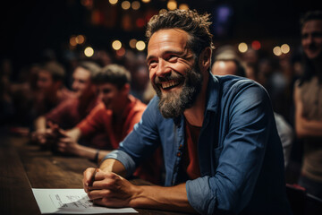 A comedy writing workshop where aspiring writers learn the art of crafting humor. Concept of humor as a skill. Generative Ai.