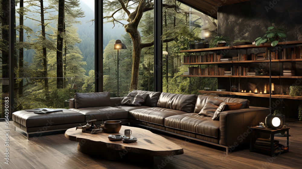 Poster modern interior with fireplace and wooden table.