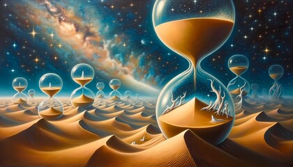 Surrealist Desert: Hourglass Dunes, Sands of Time, and Ethereal Constellations - obrazy, fototapety, plakaty