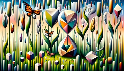 Whimsical Meadow of Hourglass Grass and Geometric Butterflies
