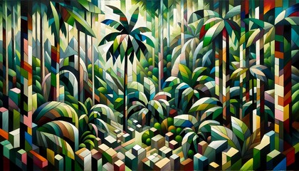 Cubist Tropical Rainforest: Geometric Flora and Fauna in Layered Brushwork