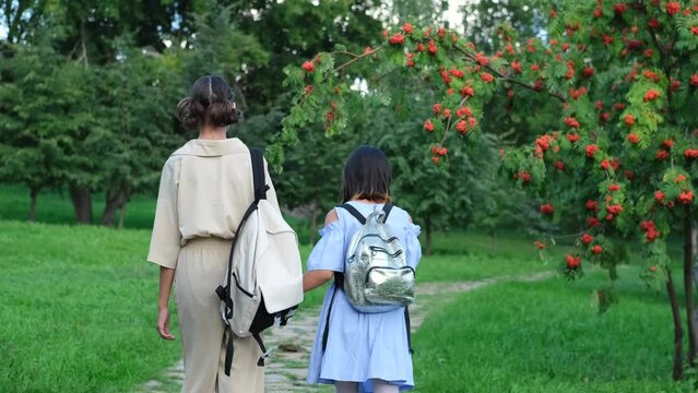 Two girls walking in the park in the summer, talking, walking after school and college, holding hands, best friends, sisters returning home after school