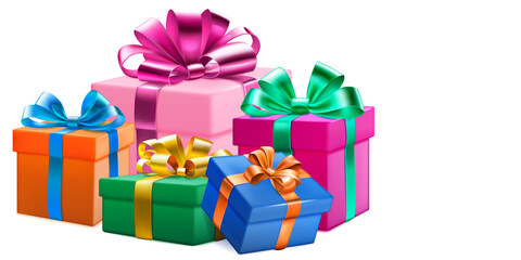 Festive illustration with several colored gift boxes with ribbons and bows