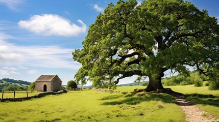 Obraz premium a large tree in a field next to a small house. generative ai