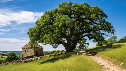 Obraz premium a tree on a hill with a house in the background. generative ai