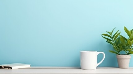 Close up view of creative workspace with blank screen computer, mug, tree pot and copy space on white table with shelf on light blue wall