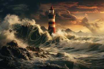 A solitary lighthouse standing tall amidst crashing waves. Concept of guidance and resilience. Generative Ai.