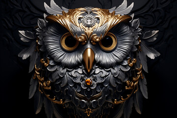 Beautiful golden owl figure isolated on black background, baroque style with intricate scrollwork