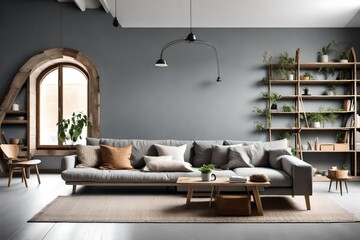 Fabric sofa with grey pillow and blanket against stucco wall
