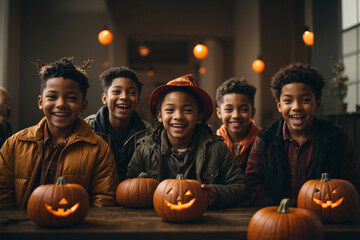 Fotografía realista de cinco niños racializados sonriendo con abrigos y sujetando calabazas en un ambiente festivo de halloween invernal y nocturno.