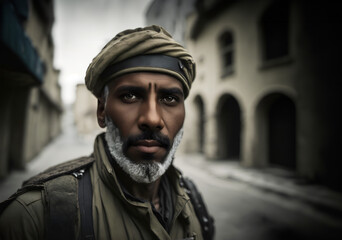 Arab soldier on the street of ancient city - obrazy, fototapety, plakaty