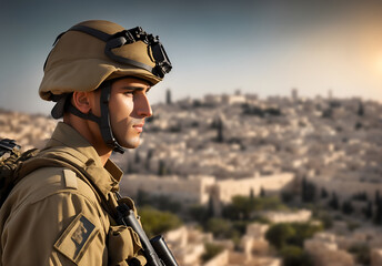 Defender of the homeland: israeli soldier in the city. Portrait of a young israeli soldier with city in the background - obrazy, fototapety, plakaty