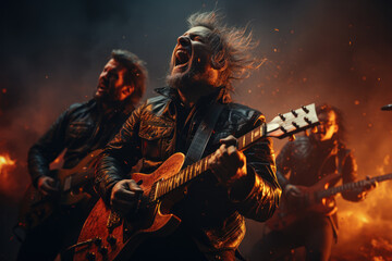 A determined rock band performing with passion and energy to a cheering crowd. Concept of musical artistry and live entertainment. Generative Ai.