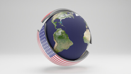 3d rendering of planet Earth and a red hoop with the US flag. The idea of global domination, economic monopoly and US supremacy. Political 3d illustration