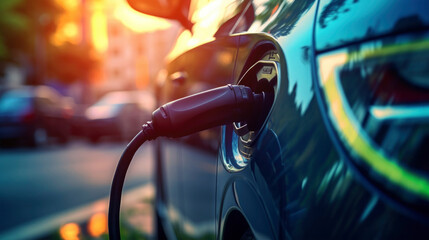 Macro photo of a charging cable to a part of a elctric car, electric car charging station - obrazy, fototapety, plakaty
