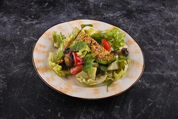 Eggplant, mushroom, tomato and lettuce salad
