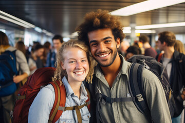 Fototapeta premium Smiling Interracial Backpacking Couple at a Train Station