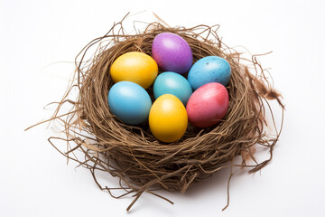 Fototapeta na wymiar Festive Nest: Colorful Eggs on a White Isolated Background